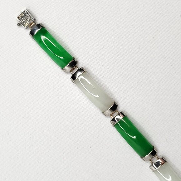 Jade Bar Link Bracelet Green White Sterling Silver 7 1/8" - Picture 2 of 4